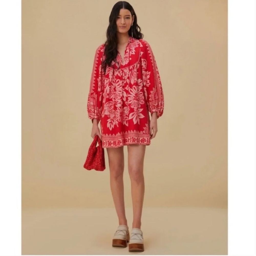 NEW Farm Rio Flora Tapestry Long Sleeve Linen Blend Boho Mini Dress Size S